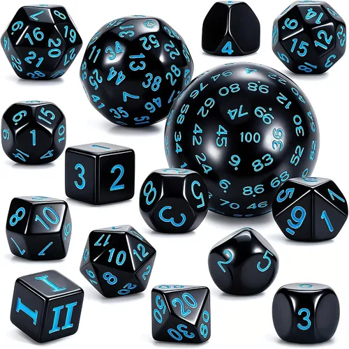 CiaraQ DND - Juego de dados poliédricos (15 piezas) D4-D100 con bolsa de dados para juegos de mesa de rol de Calabozos y Dragones (negro y azul)