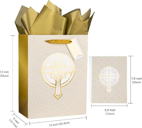 Miniatura 2 de LeZakaa Bolsa de regalo de cruz de 13 pulgadas, bolsa de regalo cristiana dorada con papel de seda, etiqueta de regalo y tarjeta para bautizos