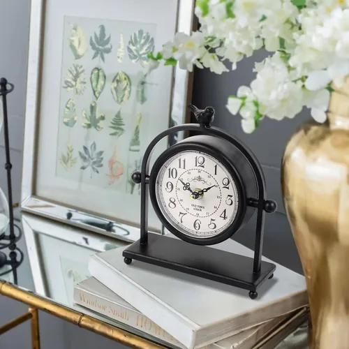 Miniatura 8 de Reloj de mesa silencioso a pilas de metal negro analógico con pájaro, pequeño reloj de mesa para decoración de granja, estante de chimenea, hogar