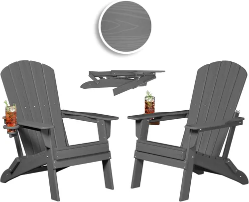 Miniatura 32 de Plawdlik Adirondack Juego de 2 sillas plegables, probadas por SGS, textura de madera con portavasos, polietileno de alta densidad resistente a todo