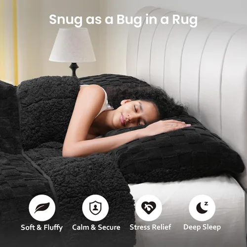 Miniatura 3 de Manta con peso de 15 libras, tamaño twin, manta con peso de sherpa a cuadros 3D de jacquard suave y elegante para adultos, manta de cama acogedora