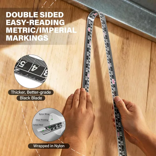 Miniatura 4 de HAUTMEC Cinta métrica métrica de doble escala de 16 pies/16.4 ft, bloqueo automático con hoja recubierta de nailon y funda de goma