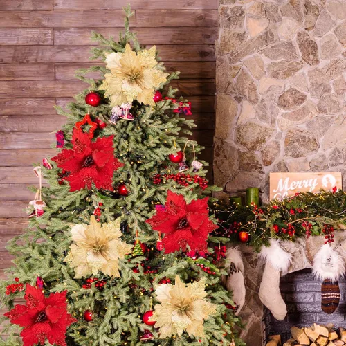 Miniatura 5 de 6 adornos para árbol de Navidad con purpurina para árbol de Navidad, flores artificiales de Navidad, accesorios florales, flores de franela