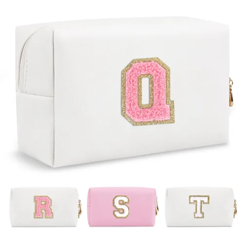 Miniatura 145 de Pequeña bolsa de maquillaje personalizada con inicial A-Z Preppy Patch, bolsa de cosméticos de viaje de felpilla blanca con cremallera, bonita bolsa