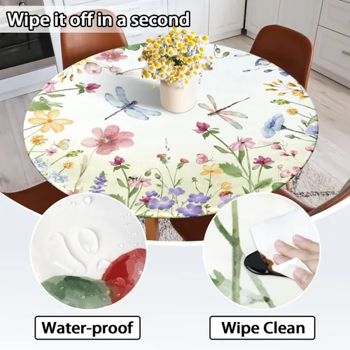 Miniatura 6 de Mantel redondo ajustable floral de primavera y verano con mantel elástico impermeable para exteriores, cubierta de mesa lavable para interiores