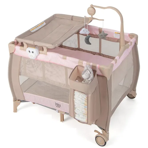 Costzon 3 en 1 Rosa Pack and Play con Moisés, Corralito Portátil para Bebé con Mesa Cambiadora, Caja de Música, Juguetes Giratorios, Ruedas/Freno,