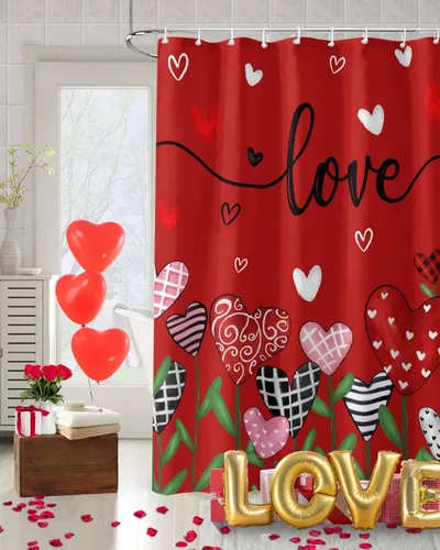 Miniatura 4 de Cortinas de ducha feliz día de San Valentín para baño gnomos, cortina de ducha de tela con ganchos, juego de cortina de ducha con corazones
