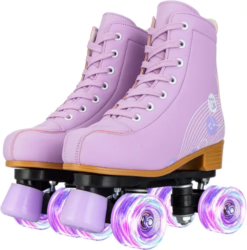 Miniatura 9 de Patines de ruedas para niñas y mujeres, patines de piel sintética acogedores en color rosa y púrpura con luces, patines para interiores y exteriores
