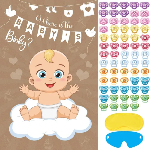 Pin The Pacifier On The Baby Game Póster de juegos de chupetes con 64 calcomanías para chupetes para baby shower, regalos de fiesta, suministros de