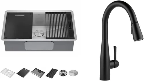 Miniatura 15 de DELTA, Rivet - Lavaplatos de cocina de 33 pulgadas con estación de trabajo, montaje superior, acero inoxidable de calibre 16, cuenco individual +