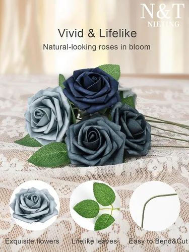 Miniatura 476 de N&T NIETING Flores artificiales, rosas artificiales de color rosa intenso, 50 piezas de flores falsas con tallo para ramos de boda DIY, centros