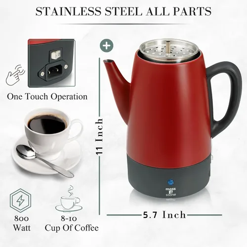 Miniatura 5 de Moss & Stone Percoladora de café eléctrica, cuerpo rojo con tapa de acero inoxidable, cafetera eléctrica percoladora, cafetera roja para campamento