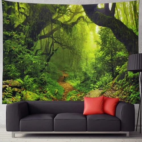 Miniatura 5 de Leofanger Tapiz de bosque brumoso, tapiz de pared de árbol verde natural, paisaje de selva tropical, para colgar en la pared para dormitorio, sala