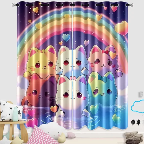 Miniatura 22 de Cortinas de Gato - Lindas Cortinas Opacas de Gato para Habitación de Niños Decoración Kawaii para Dormitorio de Niñas, 2 Paneles, 82 x 63 pulgadas