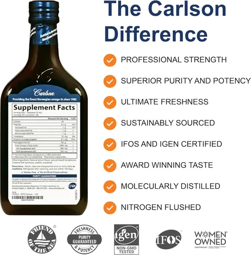 Miniatura 2 de Carlson - El Mejor Aceite de Pescado, Edición Especial, 1600 mg de Omega-3, Suplemento Líquido, Aceite de Pescado Noruego, Pescado Salvaje, Origen