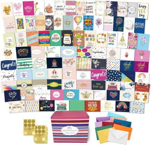 Janvale Caja de surtido de 100 tarjetas para toda ocasión con sobres de colores, set de tarjetas para toda ocasión con saludo en el interior,
