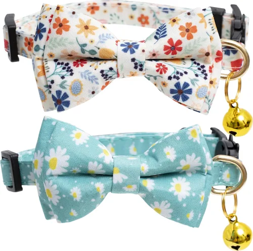 Miniatura 11 de Faygarsle Paquete de 2 collares de gato lindos con campana de moño separable para gatos machos y hembras, patrón de sandía, limón y rosa de lujo