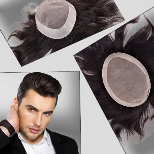 Miniatura 11 de Monofilamento de cabello humano fino para hombre, peluca de monofilamento NPU para hombre, 5 x 7 pulgadas, color marrón oscuro #3 #3 Color marrón