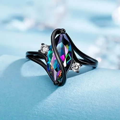 Miniatura 4 de 18K Black Gold Plated Rainbow CZOpal Marquise Rings for Women Cocktail Promise Eternity Band Party Birthday Gifts Fashion Jewelry
