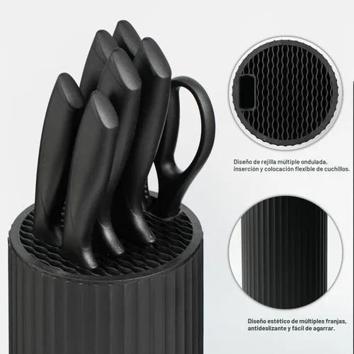 Miniatura 4 de Juego de cuchillos de cocina de 8 piezas con bloque universal, cuchillos de chef antioxidantes, diseño ergonómico, apto para lavavajillas (negro)