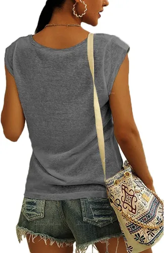 Miniatura 2 de Langwyqu Blusas de manga casquillo para mujer, estilo casual, holgadas, básicas, camisetas sin mangas