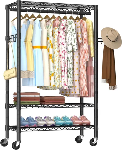 Miniatura 13 de Golpart Perchero de Ropa Resistente con Ruedas, Perchero Rodante para Prendas, Estanterías de Alambre Ajustables para Colgar Ropa con Colgador