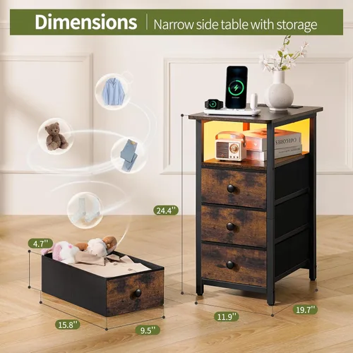 Miniatura 2 de Yoobure Mesa Auxiliar con Estación de Carga, Mesa Auxiliar Estrecha LED para Cama, Mesa Nocturna Pequeña para Sala de Estar, Mesita de Noche delgada
