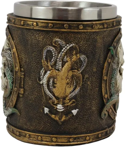 Miniatura 5 de Ebros Nautical Cthulhu Cósmico Octopus Wrecking Cráneo humano en marco de ojo de buey con ancla taza de bebida de resina de 13 oz con forro de acero