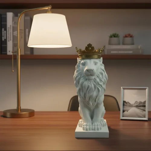Miniatura 6 de Comfy Hour Estatua de león grande de 16 pulgadas con corona dorada, figura decorativa blanca felina para estante de oficina en casa, escultura