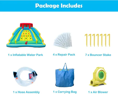 Miniatura 5 de KOTEK Tobogán acuático inflable, parque acuático gigante inflable con piscina grande para salpicaduras, 2 toboganes, pared de escalada y manguera
