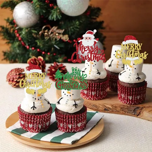Miniatura 5 de 24 piezas de adornos para cupcakes de Navidad dorados verdes y rojos con purpurina, Papá Noel, árbol de Navidad, adornos para cupcakes para el tema