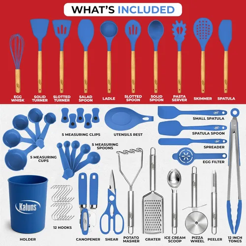 Miniatura 3 de Kaluns Juego de 50 piezas de utensilios de cocina de silicona Juego de cocina completo - 427°C resistente al calor antiadherente utensilios de Azul