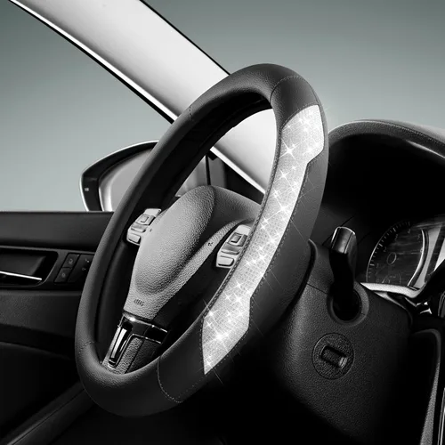 PIC AUTO Funda para volante, purpurina de cristal brillante con cuero negro, ajuste universal de 14.5 a 15.5 pulgadas para volantes de automóvil