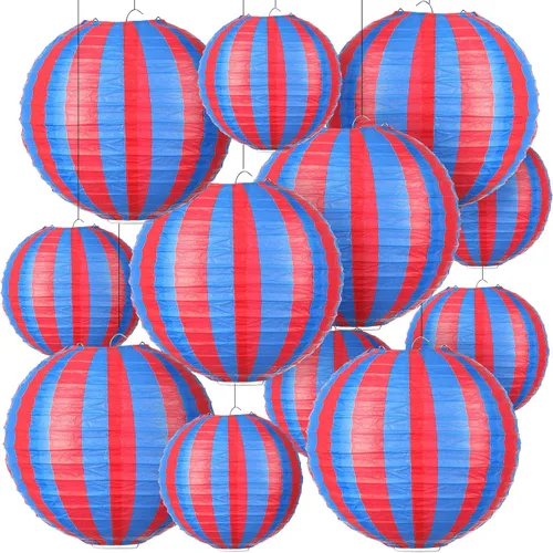 Hortsun 12 Pcs Carnival Circus Decorations Red and Blue Striped Paper Lanterns Chinese Hanging Paper Lanterns for Carnival Circus Wedding Birthday