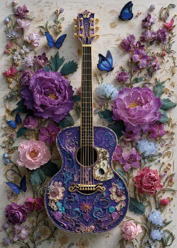 Rompecabezas de Guitarra con Flores Vintage para Adultos de 1000 Piezas Arte Colorido Mariposa Rompecabezas Imposibles Difíciles Duros Florecientes