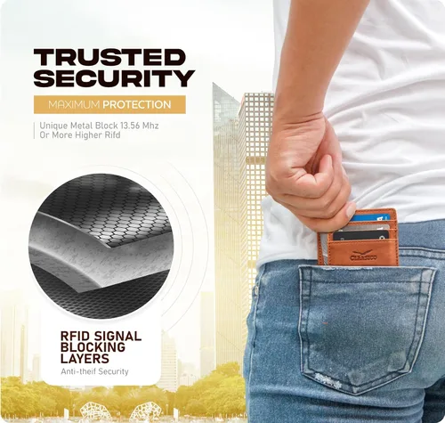 Miniatura 6 de Claasico Billetera pequeña de bolsillo frontal para hombre con bloqueo RFID, de cuero genuino, tarjetero