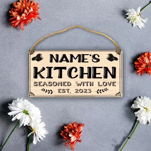 Miniatura 2 de Letrero de cocina de madera personalizado con sazonado con amor, accesorios de cocina, decoración de pared, regalos