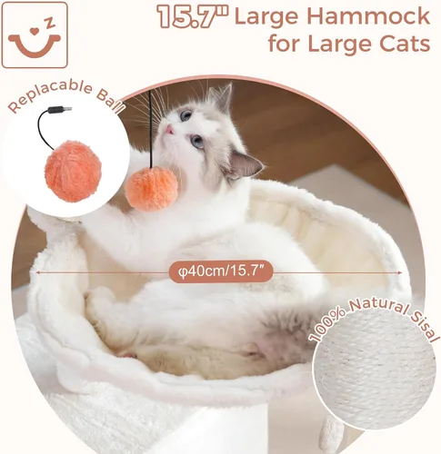 Miniatura 2 de Árbol de flores para gatos de 34 pulgadas, torre pequeña para gatos grandes, con hamaca grande de 15.7 pulgadas, cama superior extraíble
