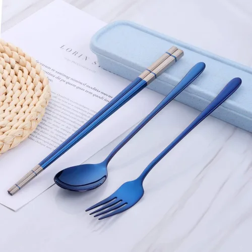 Miniatura 4 de Cubiertos de viaje portátiles, 3 piezas, cuchara, tenedor, palillos, acero inoxidable 18/10, con estuche y bolsa para la escuela, el trabajo