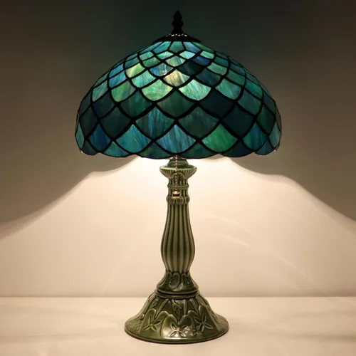 Miniatura 9 de Tiffany Style Stained Glass Table Lamp 18.5 Inch - Blue Fish Scales 12X12X18.5 Inch, E26 Bulb Base，Pull Chain Switch, Ceramic Base, Bedside