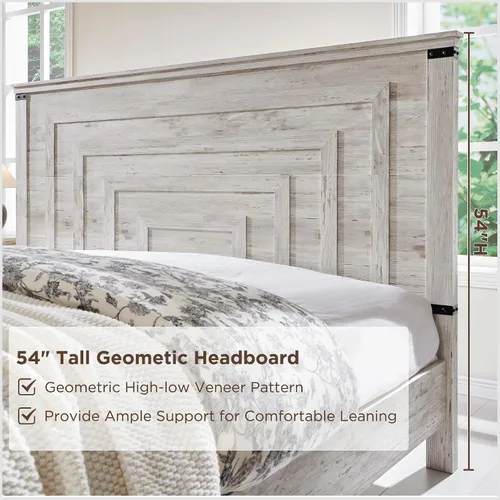 Miniatura 4 de RedLemon - Marco de cama de estilo granja Queen con cabecera geométrica de 137 cm de altura, cama de plataforma de madera rústica con 2 cajones