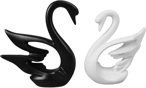 Wnvivi 2 figuras de cisne, escultura de cisne de cerámica en blanco y negro, decoración moderna de cisne para pareja para dormitorio, estante de
