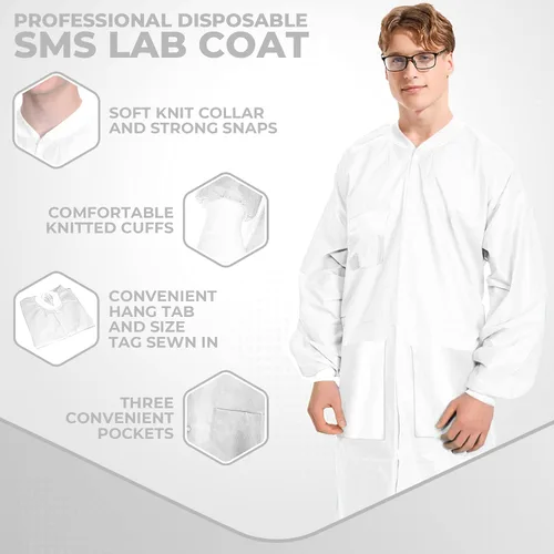 Miniatura 2 de Medical Nation Paquete de 10 abrigos de laboratorio desechables Abrigo de laboratorio duradero de 1.76 oz SMS hasta la rodilla, reutilizable