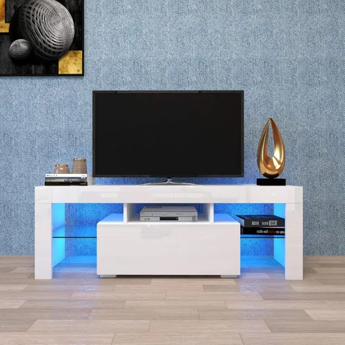 Miniatura 6 de Soporte de TV LED blanco moderno centro de entretenimiento para TV de 65 pulgadas, gabinete de TV de madera con luces LED, soportes de televisión