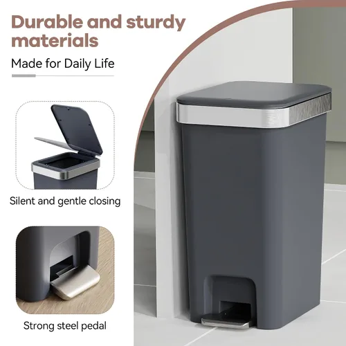 Miniatura 5 de Cubo de basura pequeño para baño con tapa de cierre suave, cubo de basura delgado de 10 litros/2.6 galones, escalón de metal y tapa superior