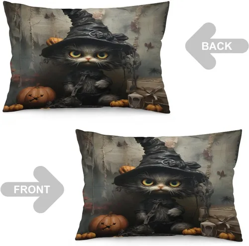 Miniatura 3 de Funda de almohada con sombrero de bruja con diseño de gato de 20 x 30 pulgadas, diseño de impresión de doble cara con cremallera invisible, Patrón 8