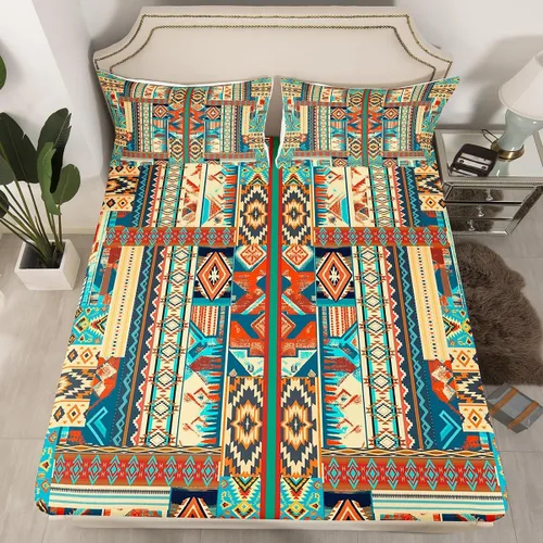 Miniatura 26 de Juego de ropa de cama occidental tamaño individual, sábanas aztecas, estilo nórdico exótico, bohemio, sábana bajera ajustable de tribu india