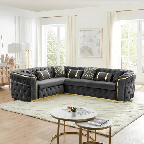Miniatura 20 de KEIKI Sofá Chesterfield de terciopelo de lujo de gran tamaño de 81 pulgadas con decoración de acero inoxidable dorado, sofá de 3 plazas