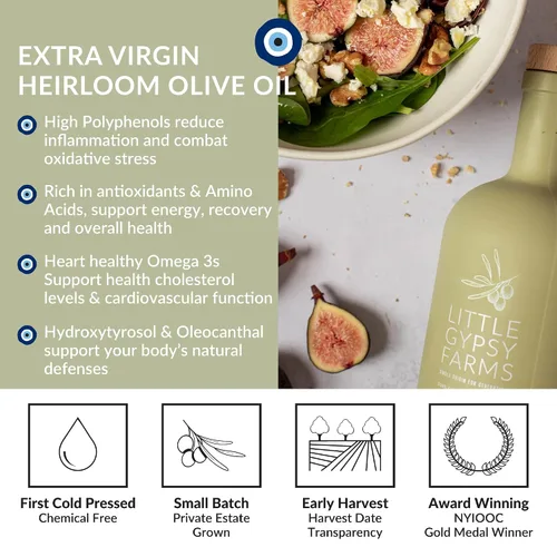 Miniatura 2 de AOVE reliquia Little Gypsy Farms - Aceite de oliva virgen extra griego cultivado en finca Variedad de oliva más saludable 5X polifenoles