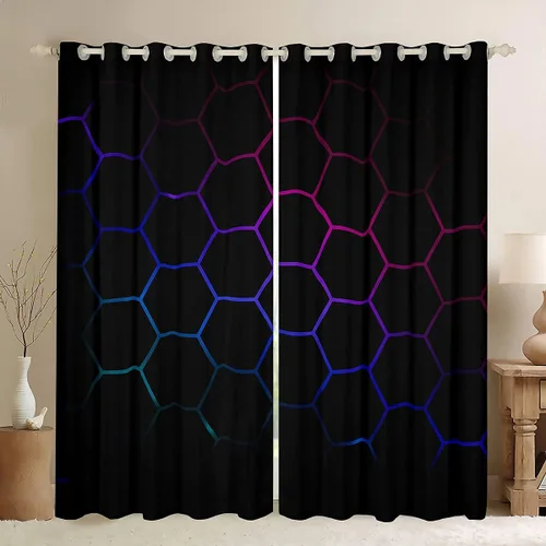 Miniatura 21 de Feelyou - Cortinas de ventana en forma de panal, tema geométrico hexagonal con luces de neón verdes, para chicos adolescentes y hombres, elegante